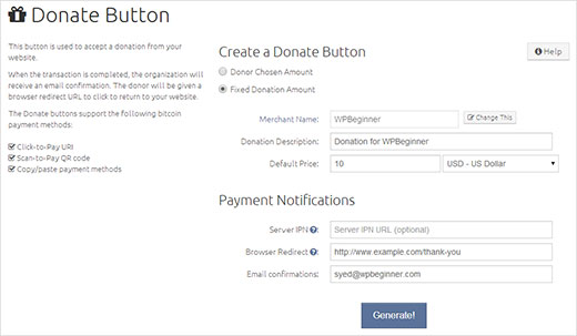 Generando un botón de donación en BitPay
