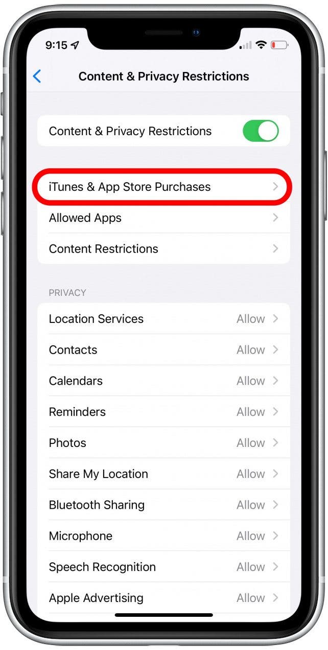 toque iTunes y compras de aplicaciones para la configuración de compras de iTunes