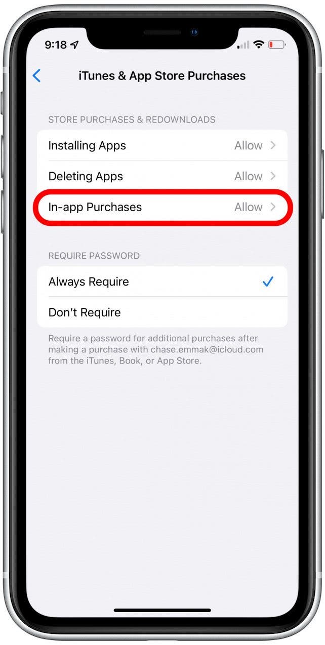 toque iTunes y compras de aplicaciones para la configuración de compras de iTunes