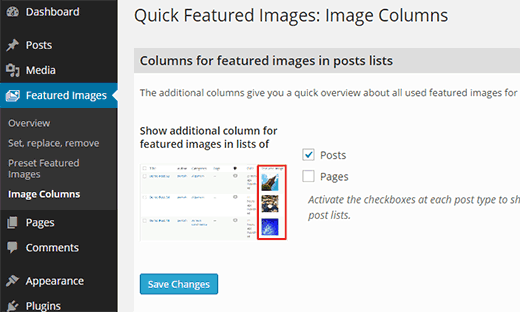 Mostrar una columna de imagen destacada en la pantalla de publicaciones