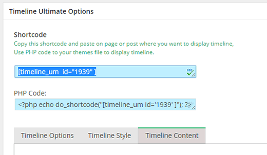 Copie y pegue este shortcode para mostrar su línea de tiempo