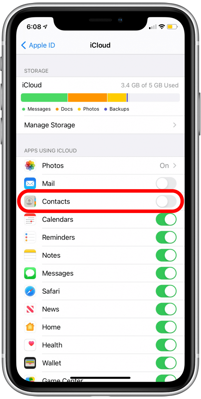 Si el conmutador Contactos está gris, púlselo para habilitar la sincronización de contactos con Apple Watch