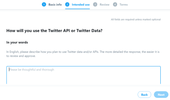Ingrese Respuestas para la API de Twitter y el uso previsto de los datos