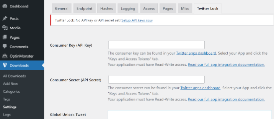 Ingrese la clave API y el secreto en Download Monitor