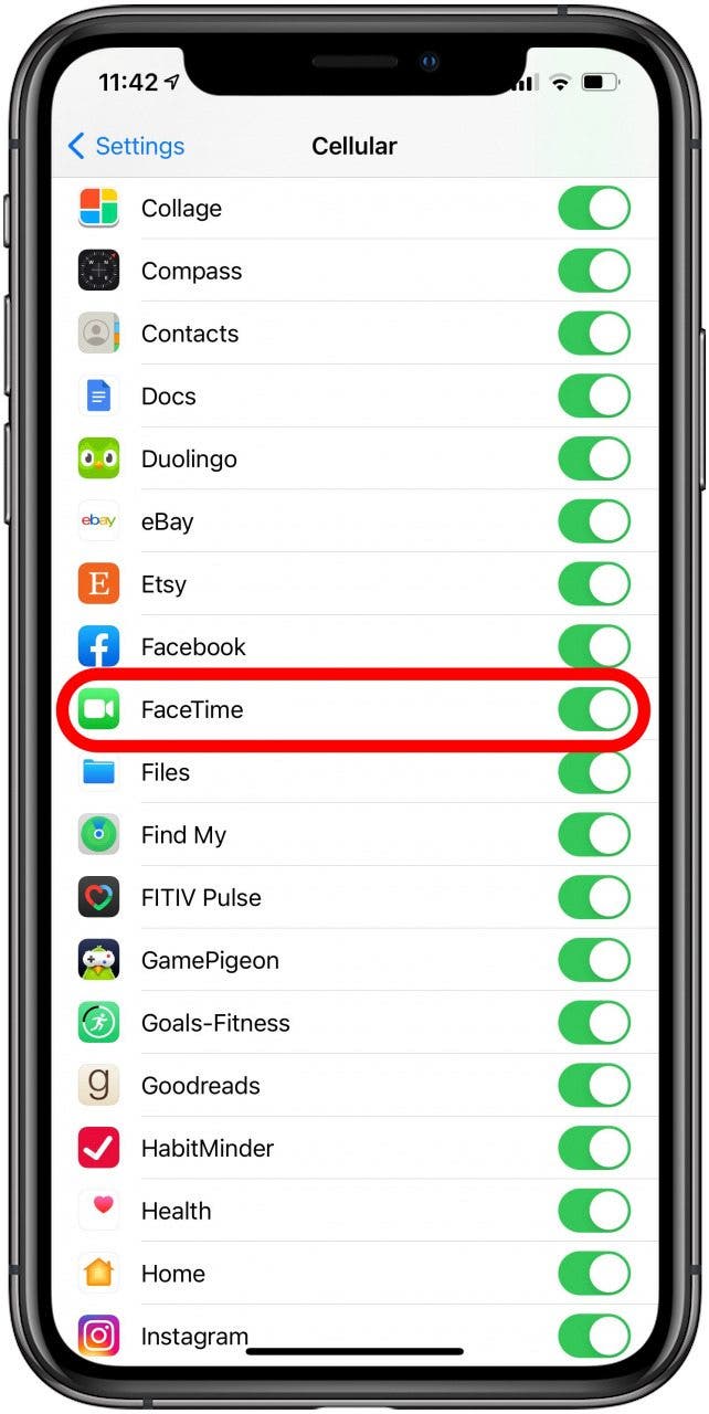 Desplácese hacia abajo hasta la lista de aplicaciones y asegúrese de que FaceTime esté activado.