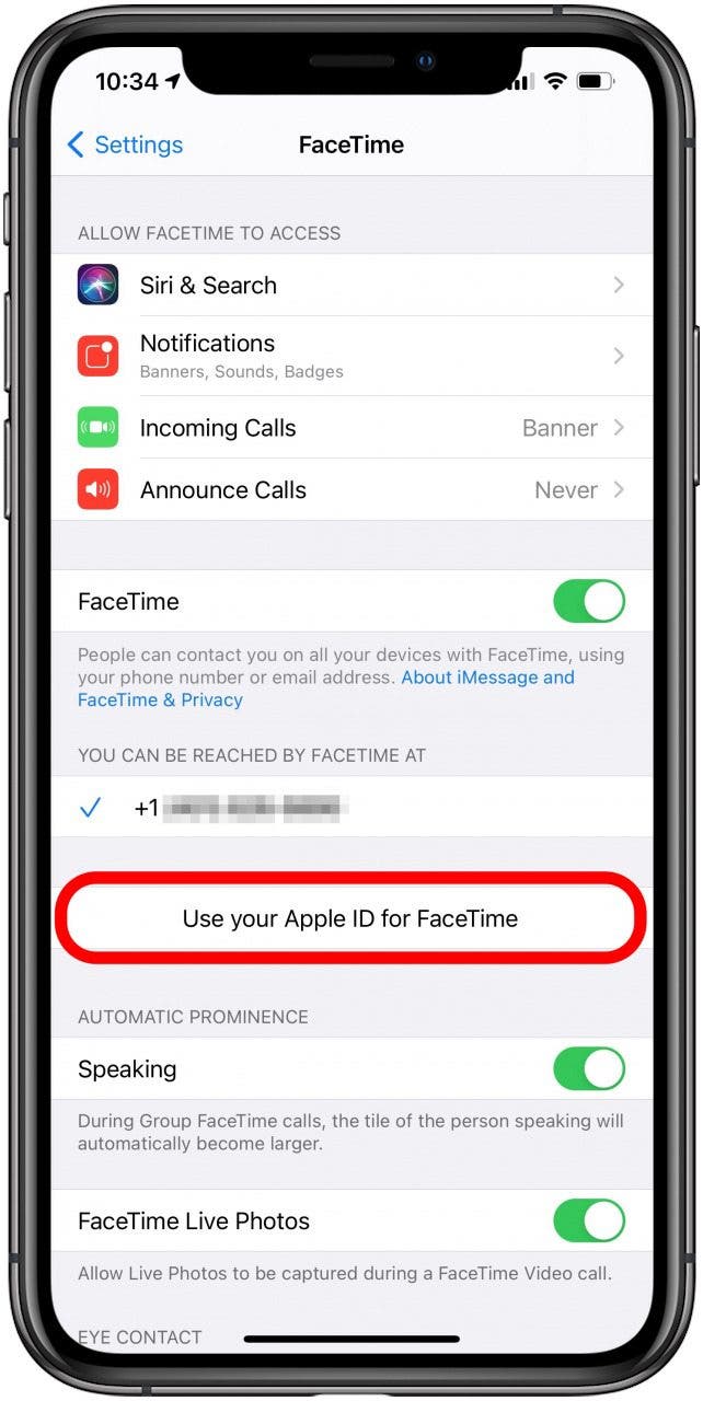 Toque Usar su ID de Apple para FaceTime para iniciar sesión