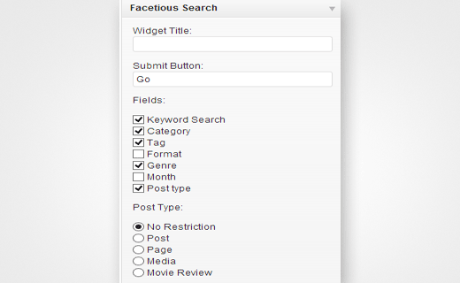 Opciones de configuración para el widget de búsqueda de Facetious