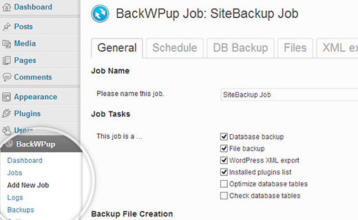 Crear un nuevo trabajo de copia de seguridad en BackWPup