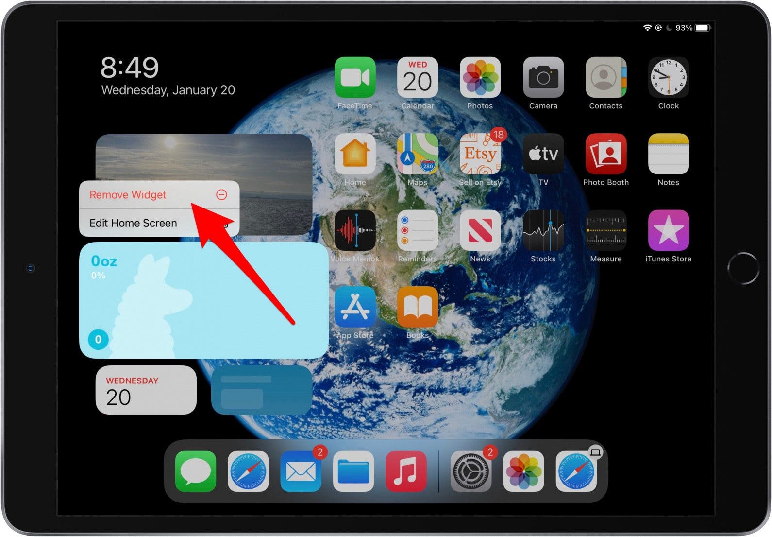 Toque Eliminar widget para eliminar el widget de iPad
