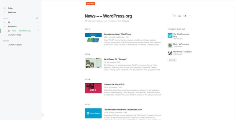 El lector de feeds RSS Feedly muestra el feed de noticias de WordPress.org