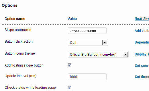 Opciones de configuración de Neat Skype Status