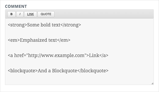 Formulario de comentarios de WordPress con botones básicos de etiquetas rápidas