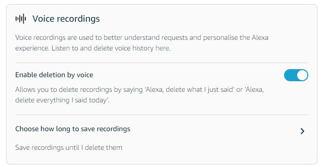 Alexa administra la configuración de grabación de voz