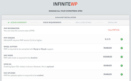 InfiniteWP verificará los requisitos del sistema antes de la instalación