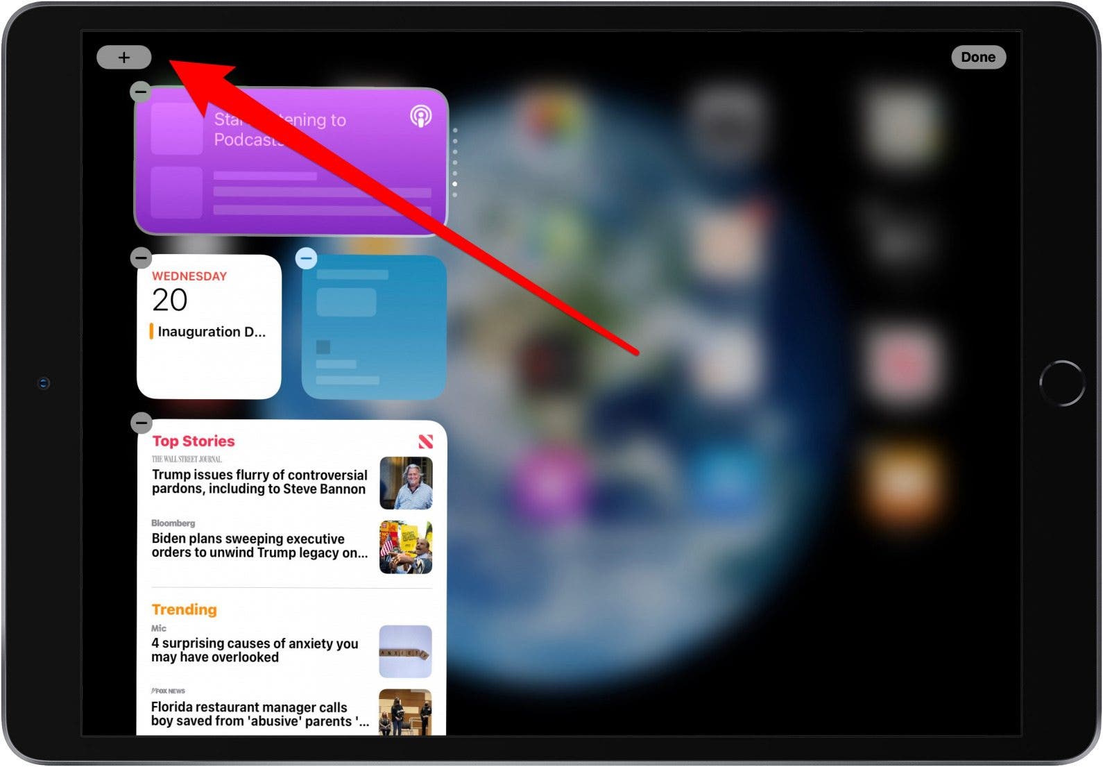 Toque el ícono gris más para agregar un widget en iPad