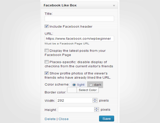 Configuración de widget de caja de me gusta / caja de fans de Facebook