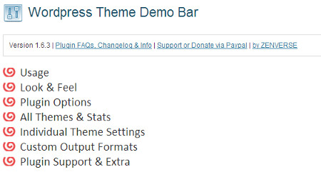 Página de configuración del complemento de WordPress de la barra de demostración de temas