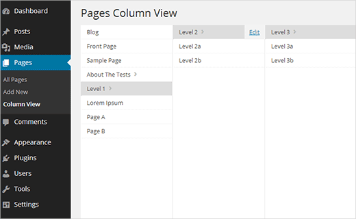Vista de columna para páginas en el área de administración de WordPress