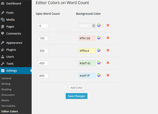 Configuración de color del editor