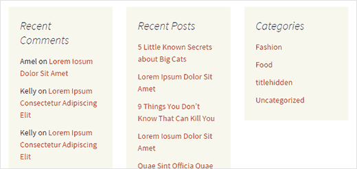 Vista previa de los widgets de WordPress alineados horizontalmente en columnas