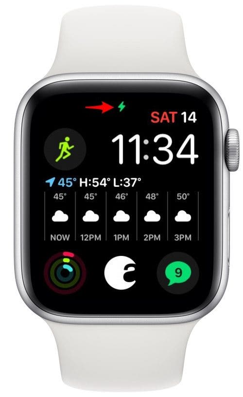 Icono de rayo verde en Apple Watch