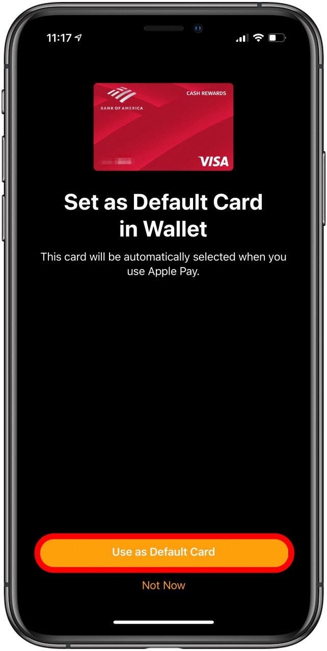 A continuación, puede tocar Usar como tarjeta predeterminada para configurar esta tarjeta como predeterminada de su billetera.