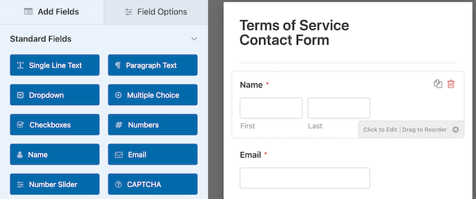 Pantalla del editor de formulario de contacto de términos de servicio