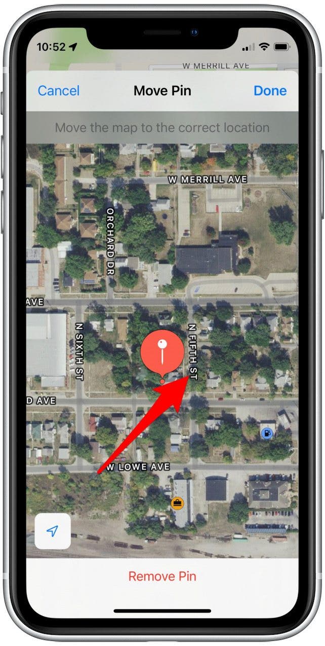 Presione en cualquier parte del mapa de vista satelital y arrastre el mapa para colocar el pin exactamente en la ubicación deseada.