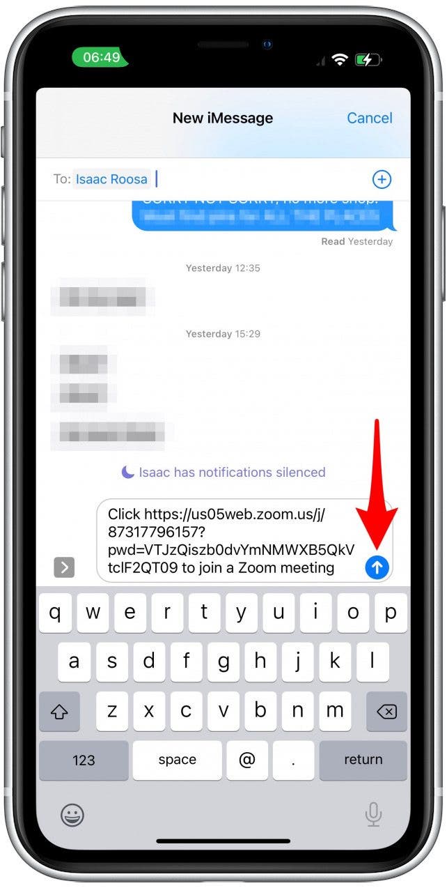 Esto abre la aplicación Mensajes: zoom en la pantalla para compartir reuniones
