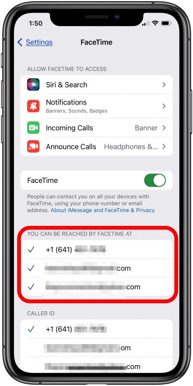 asegúrese de que la identificación de Apple y el número de teléfono estén marcados en la configuración de FaceTime