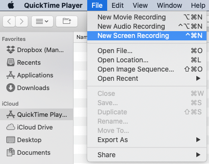 iniciar una nueva grabación de pantalla de QuickTime en Mac
