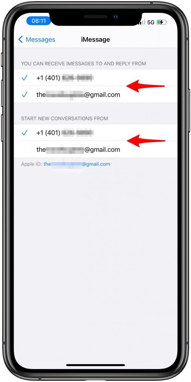 Asegúrese de estar usando la misma ID de Apple en INICIAR NUEVAS CONVERSACIONES DESDE y PUEDE RECIBIR MENSAJES Y RESPONDER DESDE en la configuración de Mensajes.
