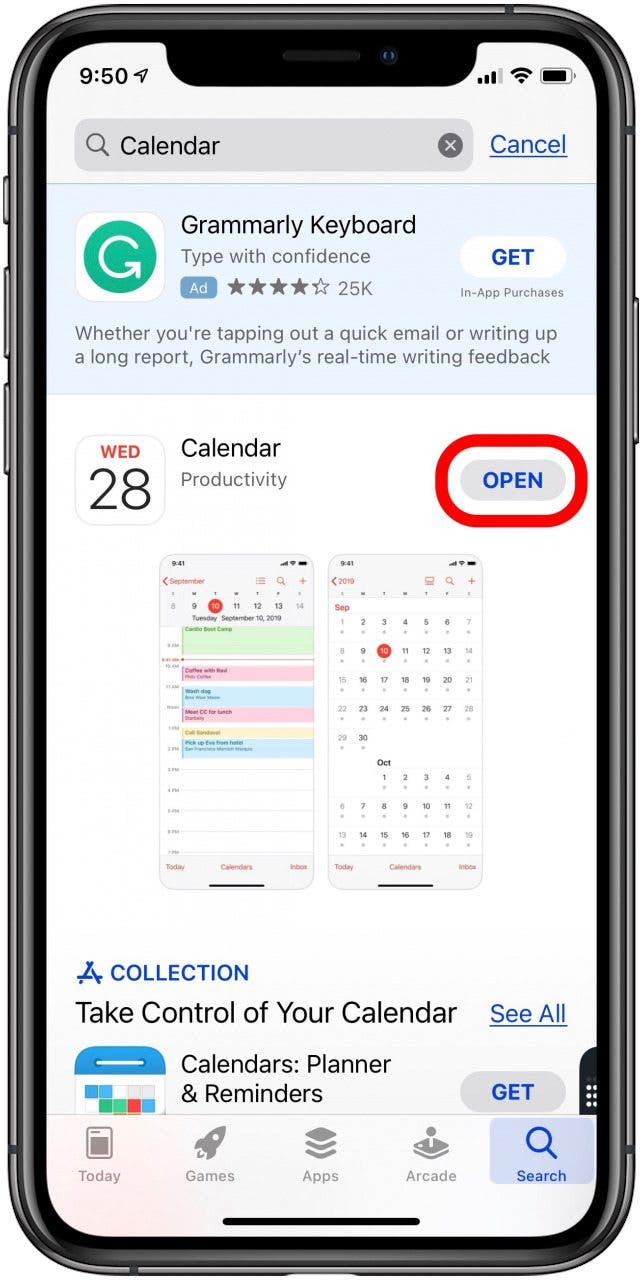 toque abrir para abrir la aplicación de calendario