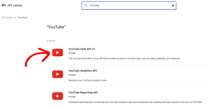 Seleccione la API de datos de YouTube v3