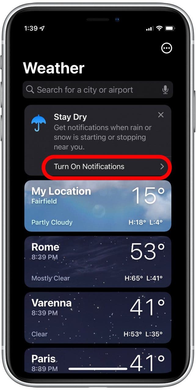 Toque Activar notificaciones para recibir alertas de clima severo en el iPhone. 
