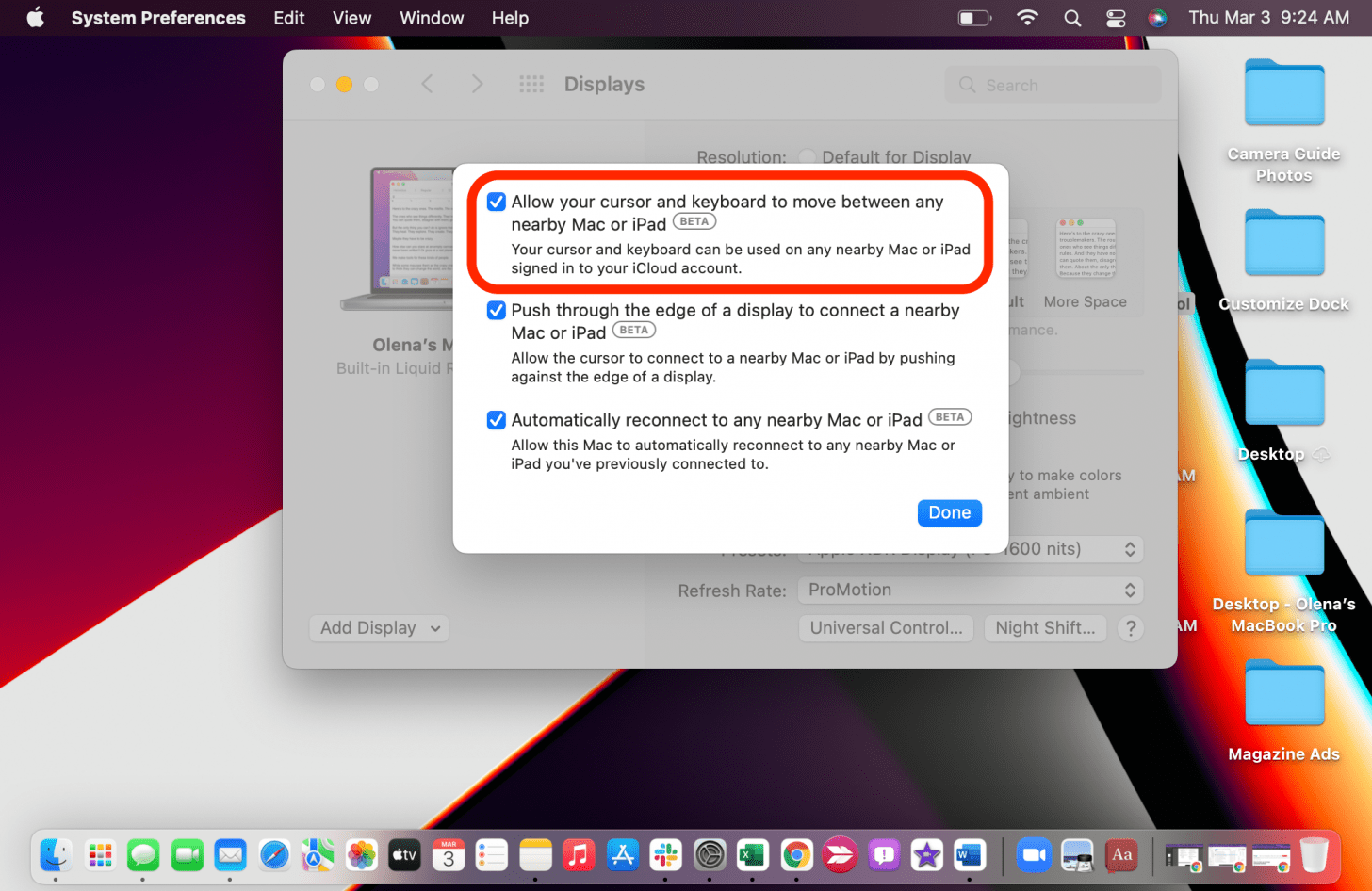 Desmarque Permitir que el cursor y el teclado se muevan entre cualquier Mac o iPad cercano.