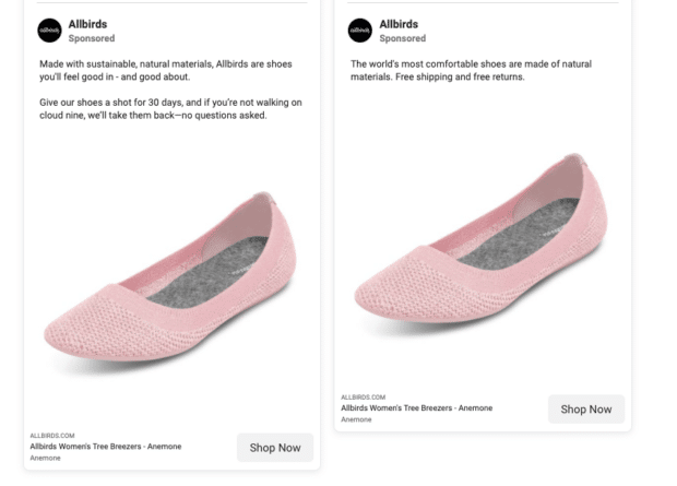 anuncio de zapatos de Allbirds en la biblioteca de anuncios de Facebook