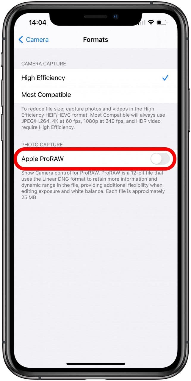 Active Apple ProRAW para habilitar o deshabilitar las fotos RAW.