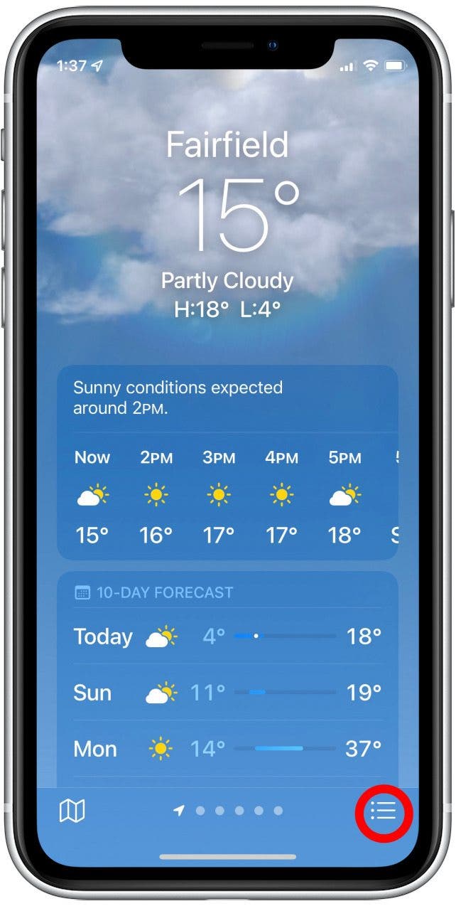 Toca el icono de la lista en la esquina inferior derecha.  Esta es la forma de recibir alertas en el iPhone por lluvia y nieve.