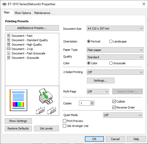 Captura de pantalla de la configuración de impresión