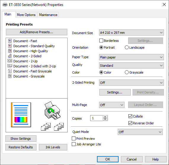 Epson EcoTank ET-3850 captura de pantalla de las propiedades de impresión