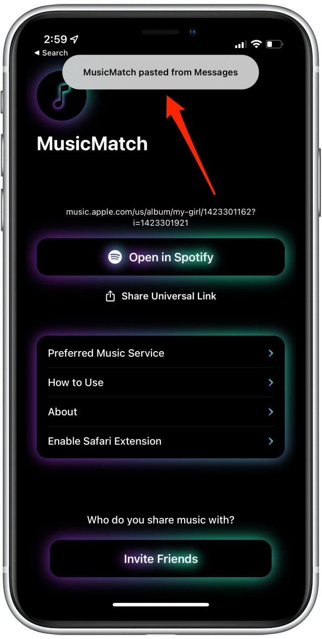 Pegue el código de Spotify en la aplicación MusicMatch
