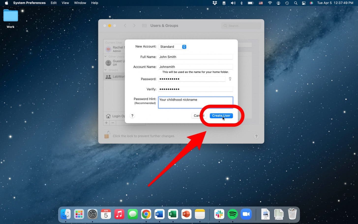 ingrese información y agregue un nuevo usuario a mac