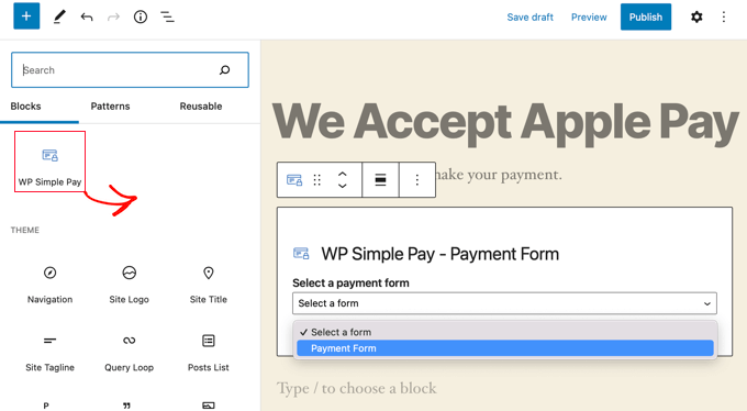 Agregue el bloque de pago simple de WP a una publicación o página