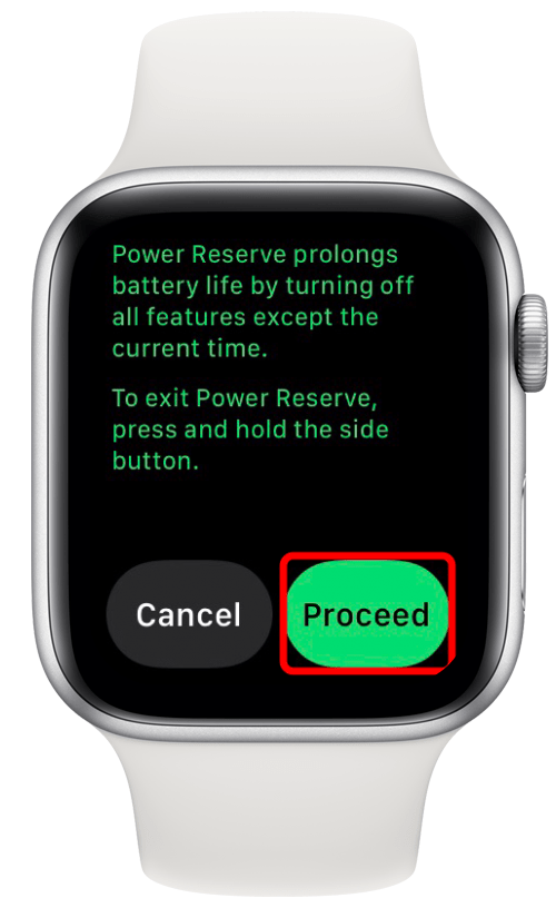 Toque continuar para habilitar la reserva de energía en el Apple Watch