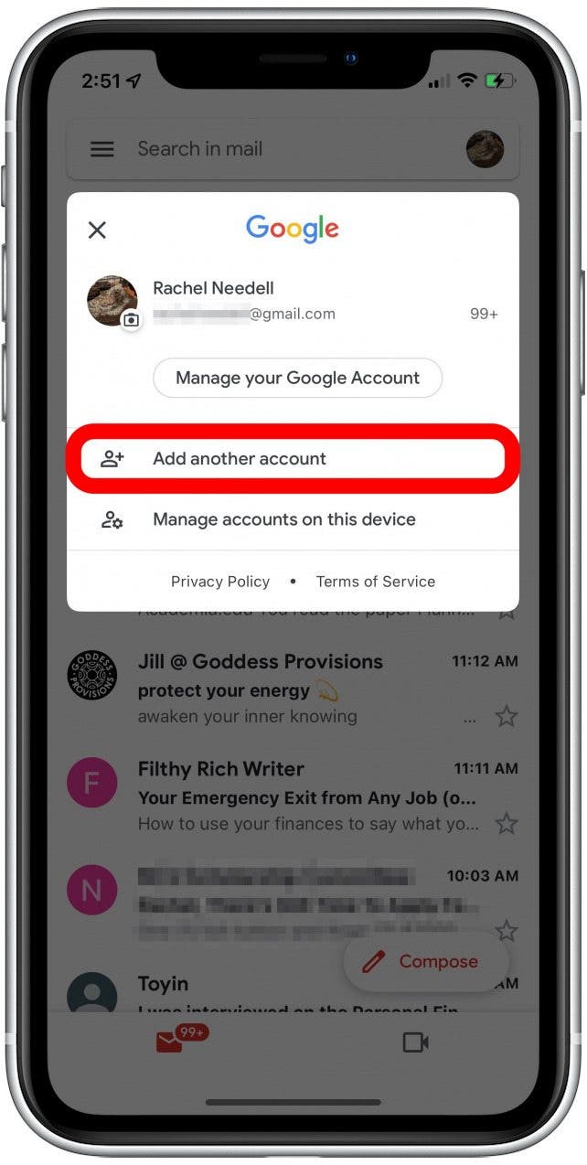 toca agregar cuenta en la aplicación de gmail