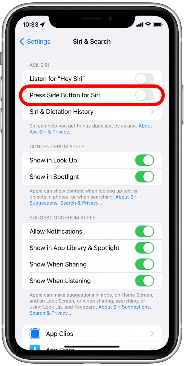 Alternar Presione el botón lateral para volver a encender Siri