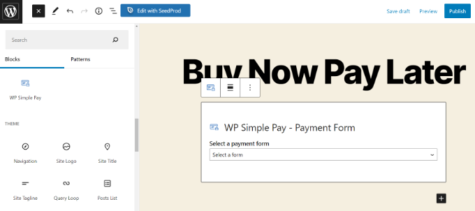 Agrega un bloque de WP Simple Pay