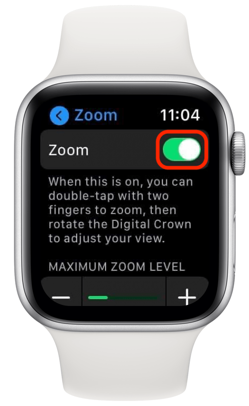Toque el interruptor verde junto a Zoom para desactivar la función de zoom de Apple Watch