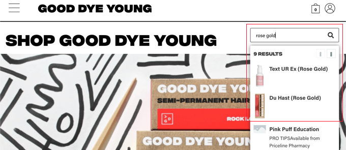 Página de resultados de búsqueda de productos de Good Dye Young